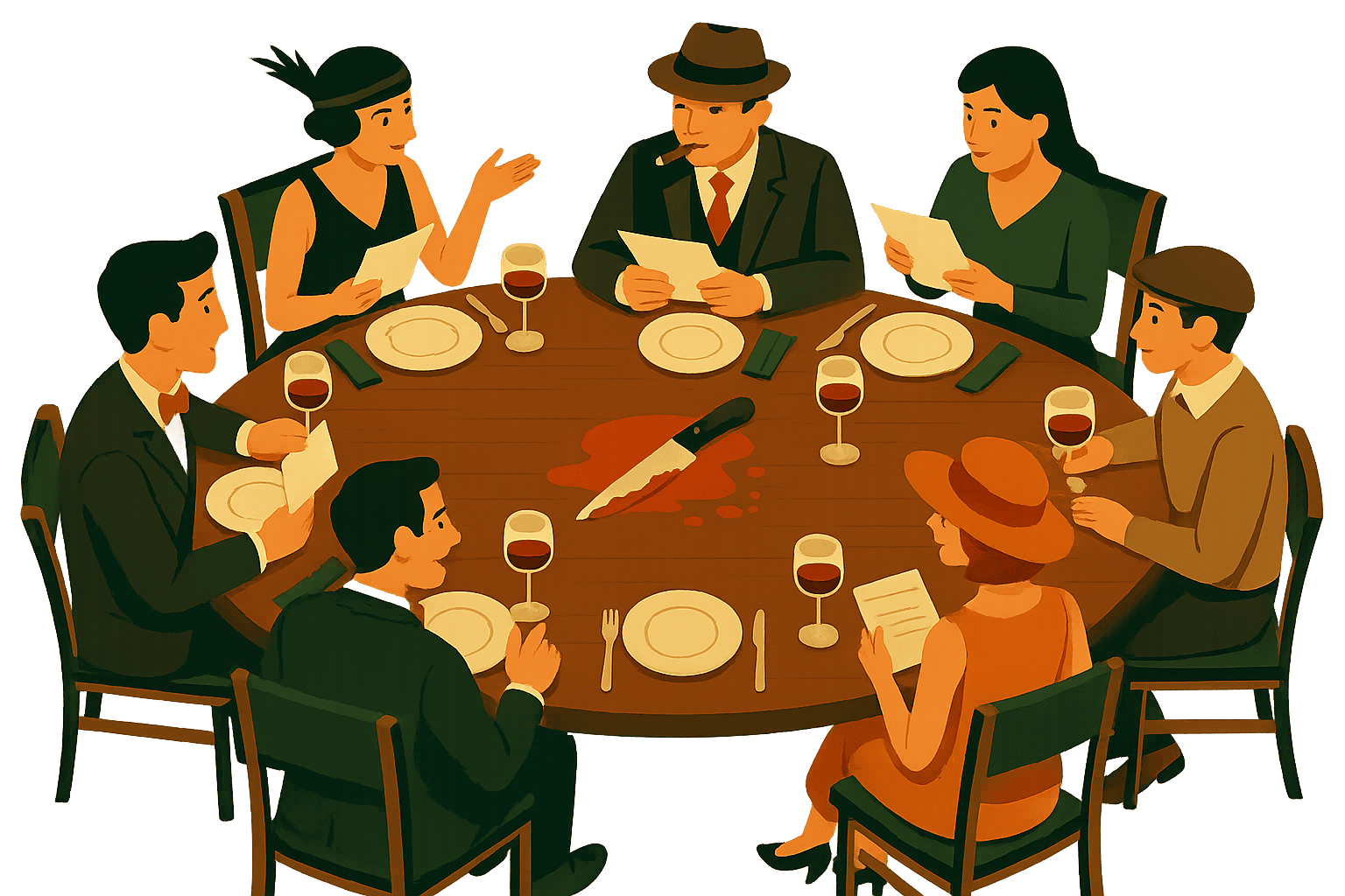Krimidinner Szene mit Personen am Tisch
